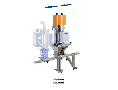 Dedusting module in parking position with sideways moved deduster and mounted conveyor on the feeding zone